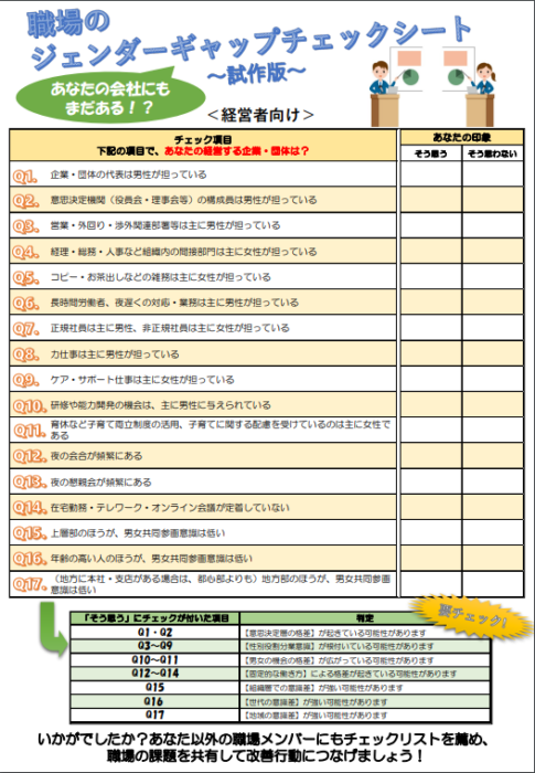 「職場のジェンダーギャップチェックシート」が公表されました！